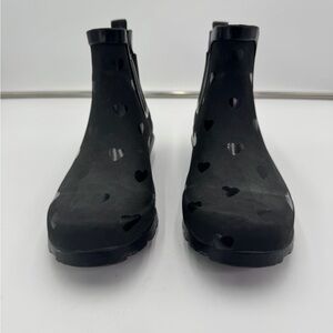 PENNY SUE Black Heart Print Rubber Rain Boots Chelsea Style Women Size 7